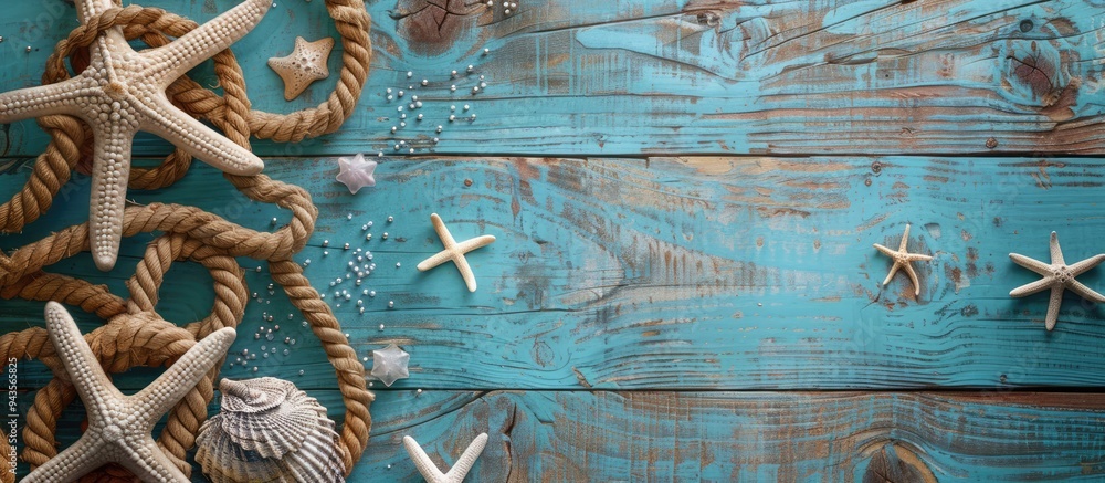 Poster Top view of a nautical themed summer background on a wooden surface with copy space image
