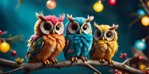 3 cute owls sitting on a branch