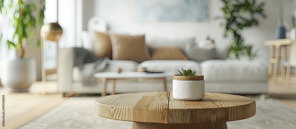 Leinwandbilder wooden table with no items placed on it set against a blurred scandinavian living space ideal for sh