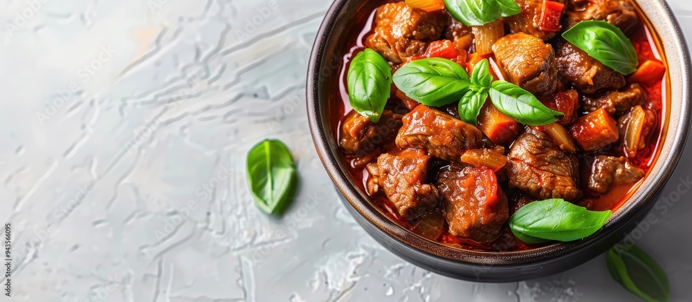Poster beef goulash made at home garnished with basil sprigs in a copy space image