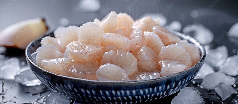 Poster Fresh scallops on ice isolated on a white background for text with copy space image