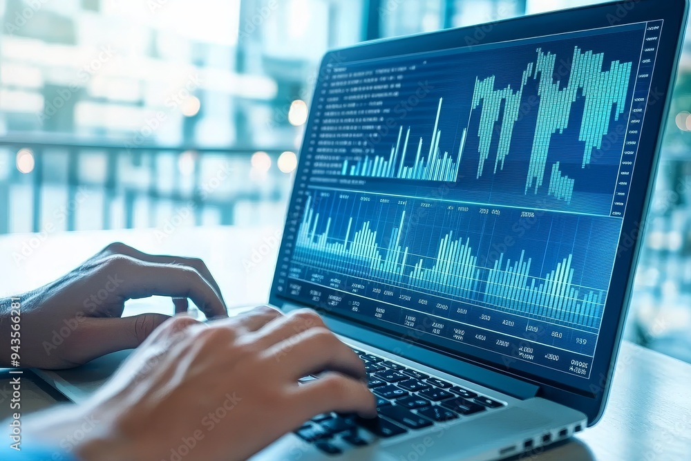 Aufkleber Working with Business Analytics and Data Management System on the computer to make reports with KPIs and metrics connected to the database. Creating corporate strategy for finance, operations, sales,