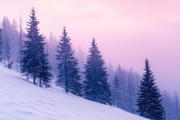 Fototapeta premium Snowy valley covered in coniferous woods at sunset in winter