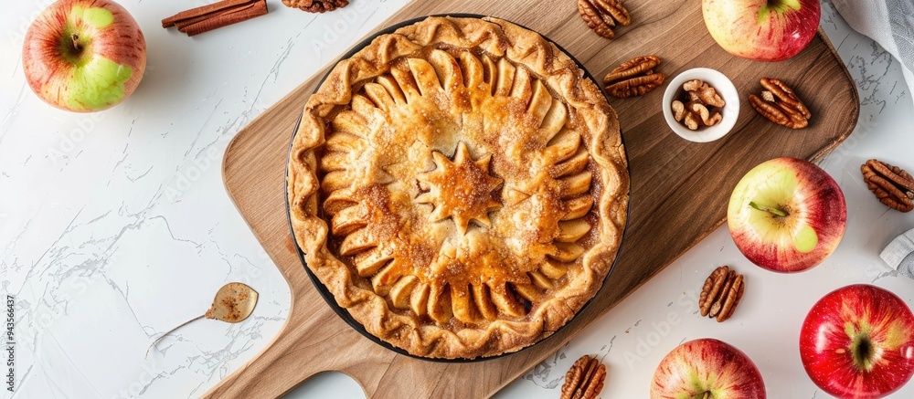 Poster Close up top view of a homemade golden crust apple cinnamon pie on a wooden cutting board with apples and walnuts on a white table offering copy space for an image