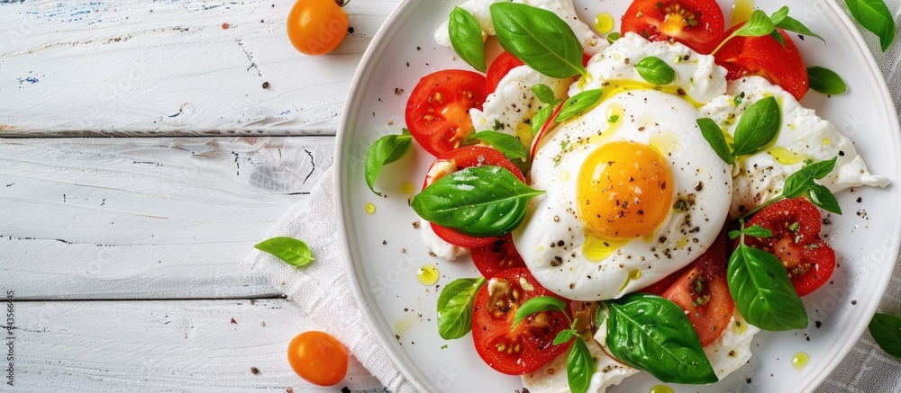 Aufkleber close up of a tasty burrata salad on a white wooden surface with a blank area for text in the image.