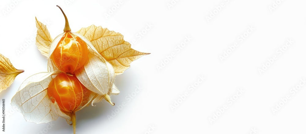 Poster a cape gooseberry or physalis is seen from above on a white background allowing for text placement i