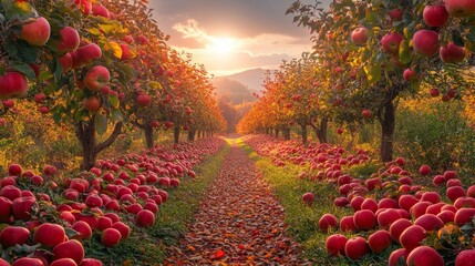 Stroll through a vibrant apple orchard at sunset with ripe apples lining the path in autumn