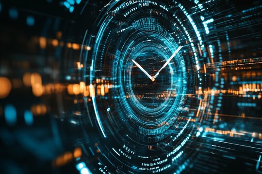 Futuristic clock face ticking amidst a sea of digital data and technology innovations