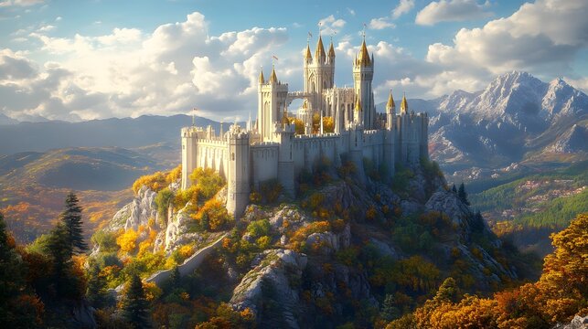 Majestic medieval castle on hilltop, bright blue sky with white fluffy clouds, lush green forest surroundings, mountain landscape, Gothic architecture.