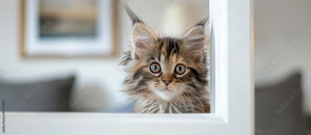 Poster a charming young maine coon kitten with tortoiseshell fur stands behind a white picture frame gazing