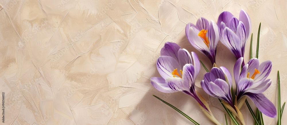Aufkleber crocus flowers beautifully displayed on a beige backdrop with copy space image