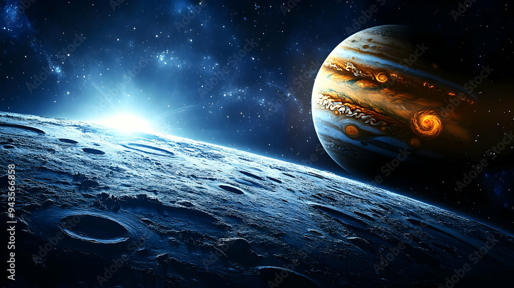 Wall mural a distant planet with a bright star rising over a cratered surface.