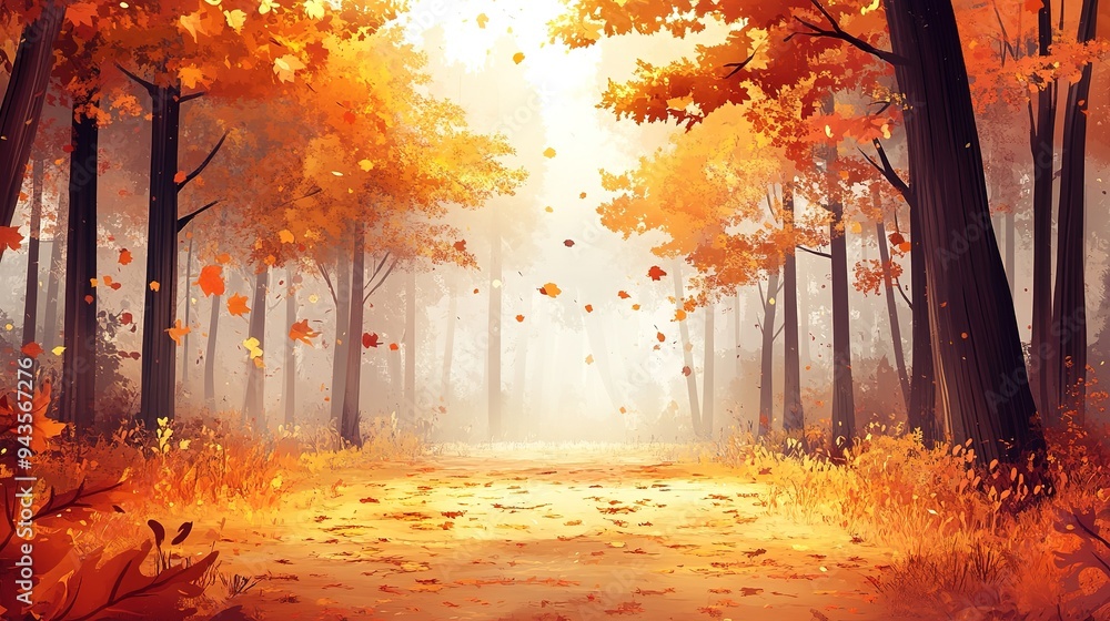 Wall mural autumn tree in idyllic beautiful blurred autumn landscape panorama with fall leaves in sunshine, adv