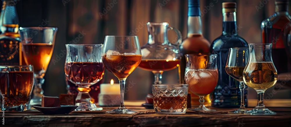 Poster various delectable liqueurs displayed in glasses on a rustic dark wooden table with room for a messa