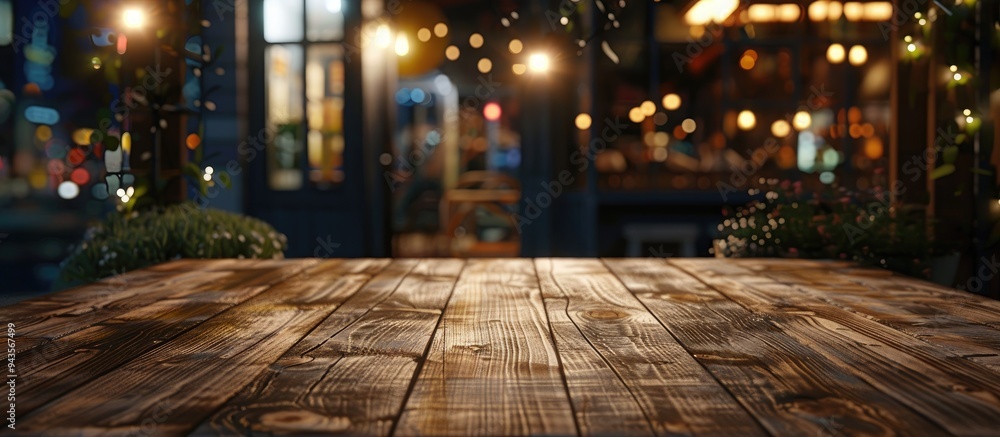 Aufkleber a chic nocturnal restaurant setting is captured with a blurred lively scene showcasing an empty wood