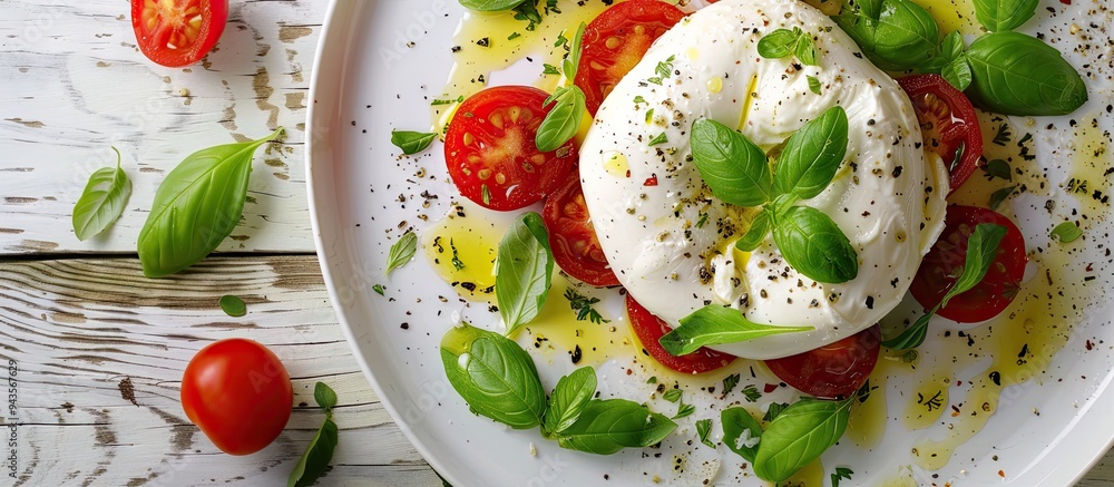 Aufkleber close up of a tasty burrata salad on a white wooden surface with a blank area for text in the image.