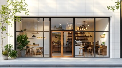 modern cafe storefront, white ceramic tile exterior, large glass windows, wooden double doors, outdoor seating area with high stools, potted plants.