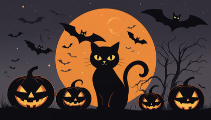 Halloween Cat with Pumpkins