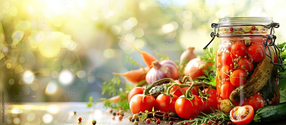 Poster Jar of pickled tomatoes surrounded by vegetables on a bright background with ample copy space image