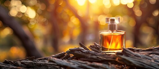 Small perfume bottle on broken wood background with tree branches under sunset light featuring 10 ml capacity perfect for product photography with copy space image