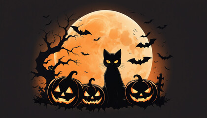 Halloween Cat with Pumpkins in Moonlight