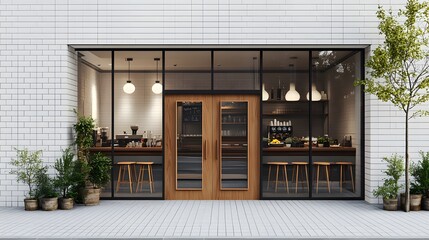 modern cafe storefront, white ceramic tile exterior, large glass windows, wooden double doors, outdoor seating area with high stools, potted plants.