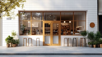 modern cafe storefront, white ceramic tile exterior, large glass windows, wooden double doors, outdoor seating area with high stools, potted plants.