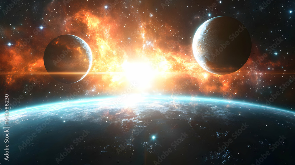 Poster a distant planet with a fiery nebula and two moons in the cosmic background.