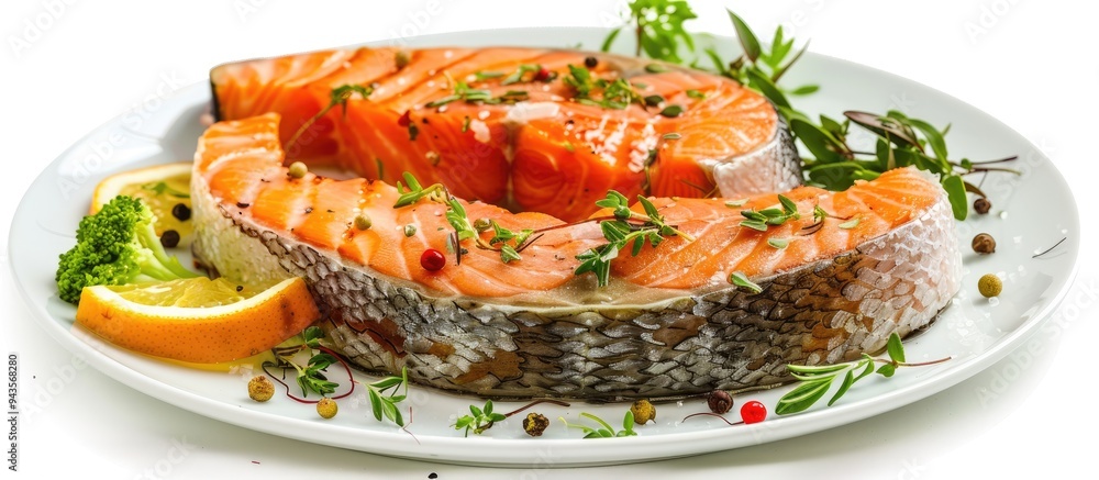 Aufkleber Cooked salmon steaks on white background with room for text pair with veggies and citrus for a nutritious meal. Creative banner. Copyspace image