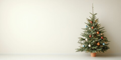 The delightful Christmas tree is decorated with vibrant ornaments and shimmering lights, creating a festive atmosphere that brightens the entire room.