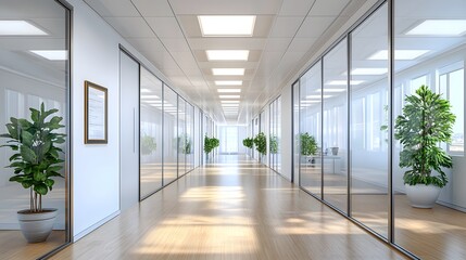 Fototapeta premium Modern office interior, bright illumination, fluorescent ceiling lights, glass partitions, wooden flooring, white walls, potted plants, empty picture frame.
