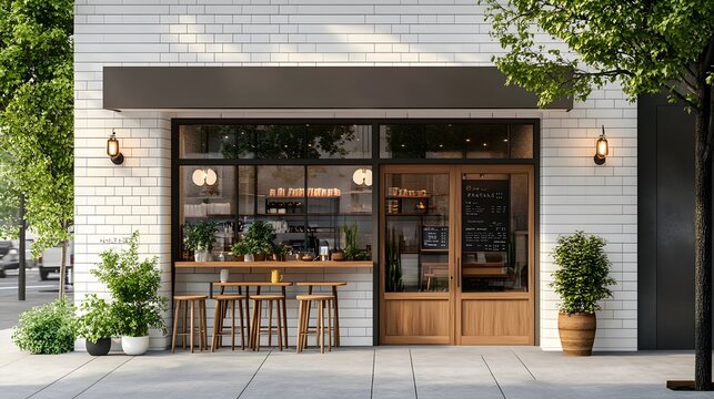 modern cafe storefront, white ceramic tile exterior, large glass windows, wooden double doors, outdoor seating area with high stools, potted plants.
