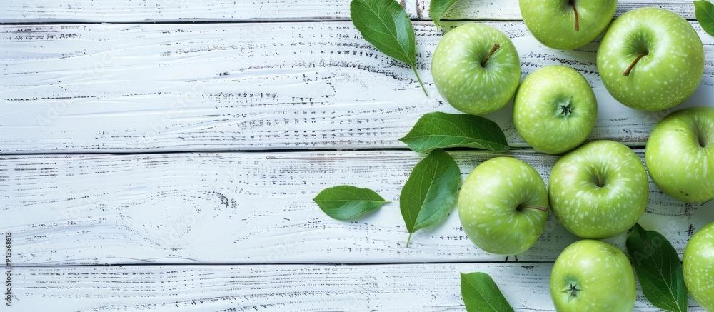 Aufkleber a flat lay composition featuring fresh ripe green apples placed on a white wooden table with ample c