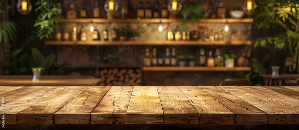 Poster empty wooden counter and shelf surface over a blurred restaurant background ideal for displaying pro