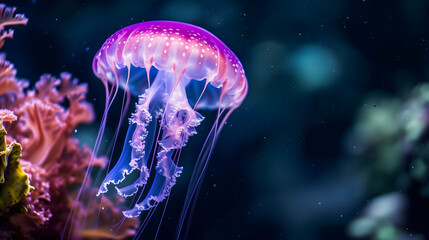 Obraz premium Purple Bioluminescent Jellyfish Roaming in Undersea Water Near Corals, Blurry Background with Copyspace