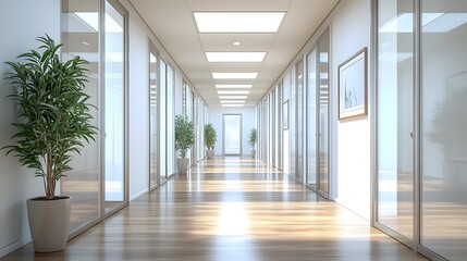 Modern office interior, bright illumination, fluorescent ceiling lights, glass partitions, wooden flooring, white walls, potted plants, empty picture frame.