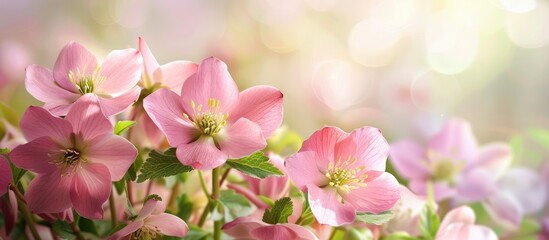 Fototapeta premium Spring bloom of pink hellebore flowers with a natural wildflower backdrop creates a scenic setting for text or other elements in the image. Creative banner. Copyspace image