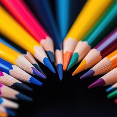 Obraz premium A vibrant array of colored pencils arranged in a circular pattern, showcasing a beautiful spectrum of colors against a dark background.
