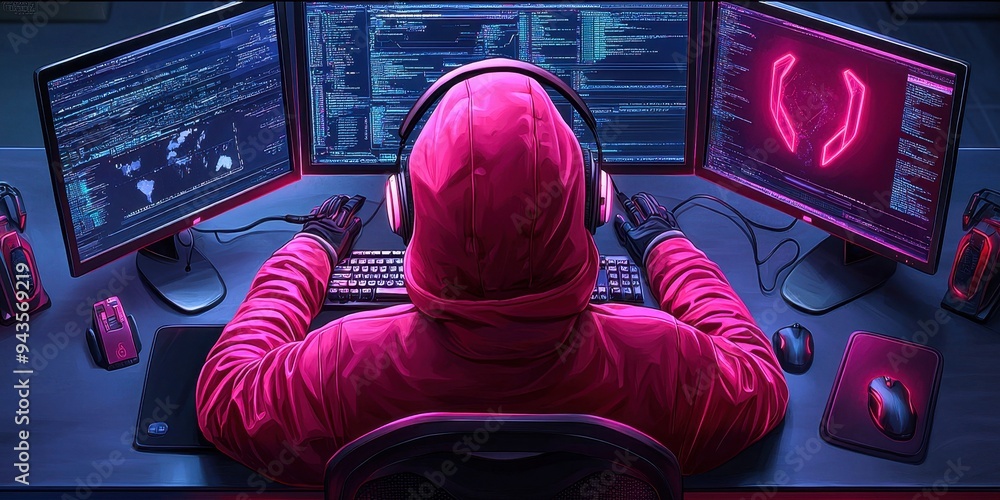 Poster a mysterious hacker in a pink hoodie working intensely at multiple monitors, showcasing modern techn