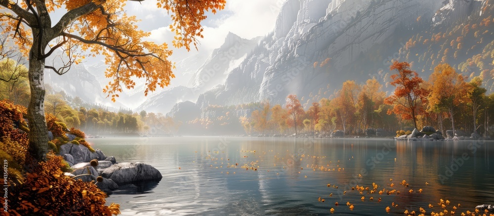 Poster scenic autumn foliage by a vast river perfect for a copy space image