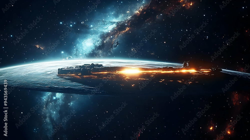 Poster a distant planet with a glowing surface and a massive structure orbiting it.