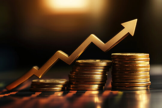 Growth money arrow of success financial business on coin concept investment earnings of profit graph finance development or increase economic market chart stock currency strategy