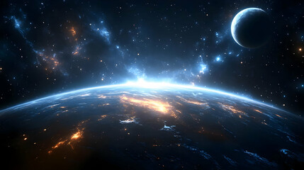 A distant planet with a moon, with shining stars and an aurora borealis in the background.