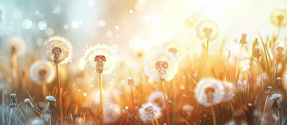 Poster selective focus enhances the beauty of a serene spring scene with lovely white dandelions against a 