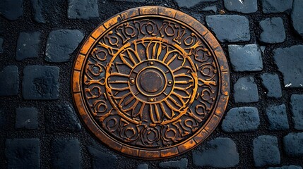 ornate manhole cover, intricate circular design, copper and bronze tones, embedded in black asphalt road, geometric patterns, urban infrastructure.