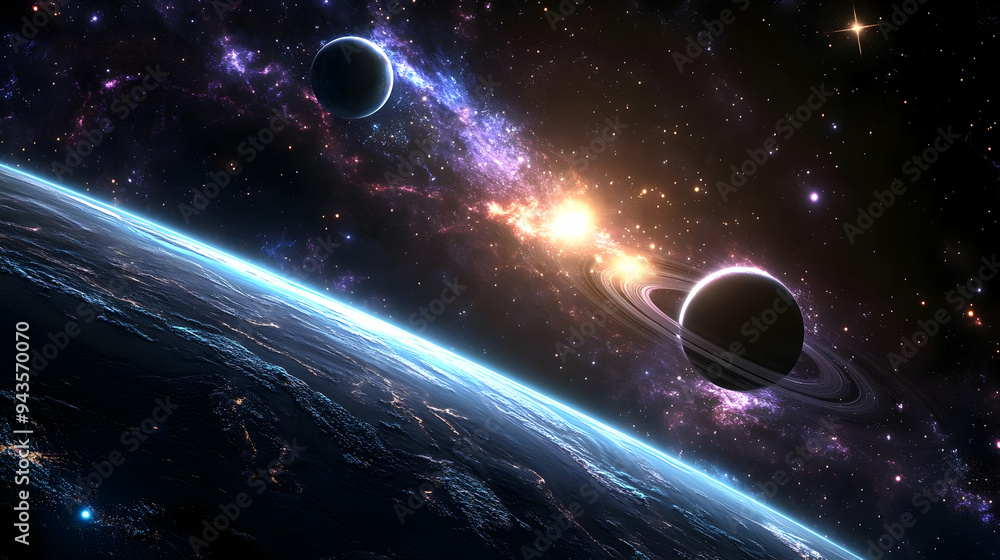 Poster a distant planet with a ring system and a nebula in the background.