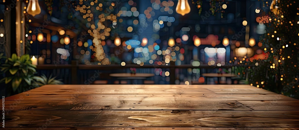 Poster A wooden table in the foreground is set against a blurred nighttime image of a stylish restaurant providing a perfect copy space image for showcasing food or products