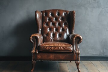 Vintage brown leather armchair in a minimalist room with dark walls
