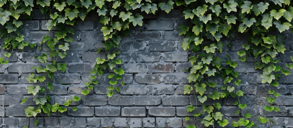 Poster gray brick wall with grapevine leaves providing texture ideal for copy space image