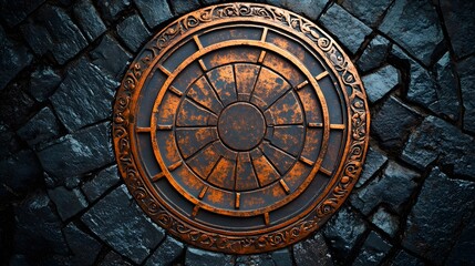 Obraz premium ornate manhole cover, intricate circular design, copper and bronze tones, embedded in black asphalt road, geometric patterns, urban infrastructure.